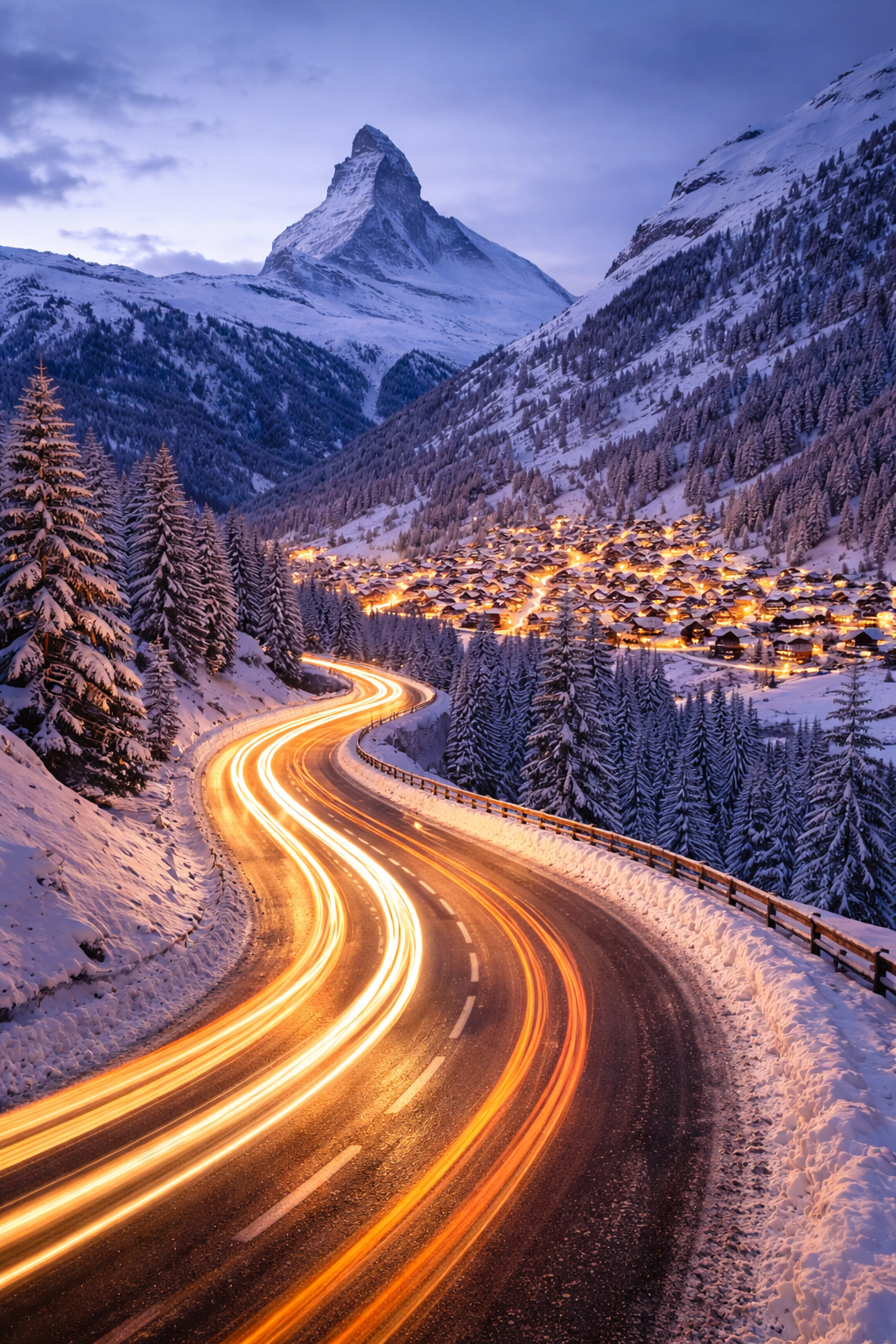 The busy mountain road leading to the village of Zermatt below the Matterhorn. AI-generated image.
