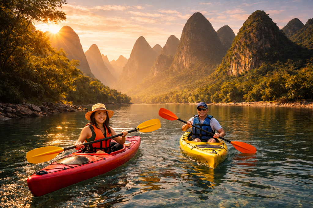 Kayaking on the Li River near Guilin, China. A rental car is absolutely not needed for this kind of experience.