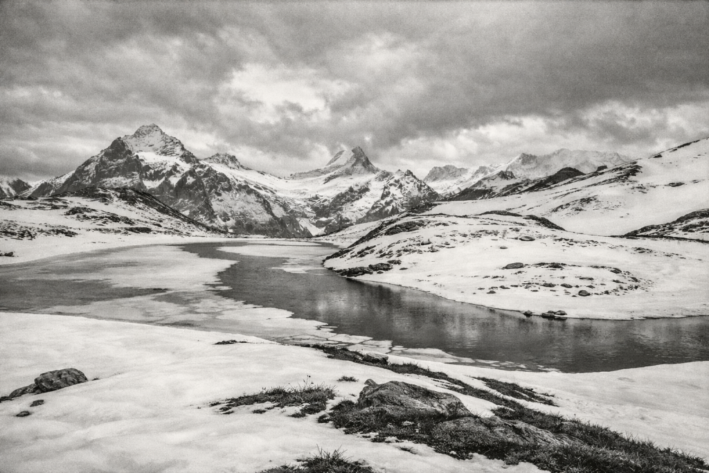 Bachalpsee in the Swiss Alps, imagined on ISO 400 Ilford film.